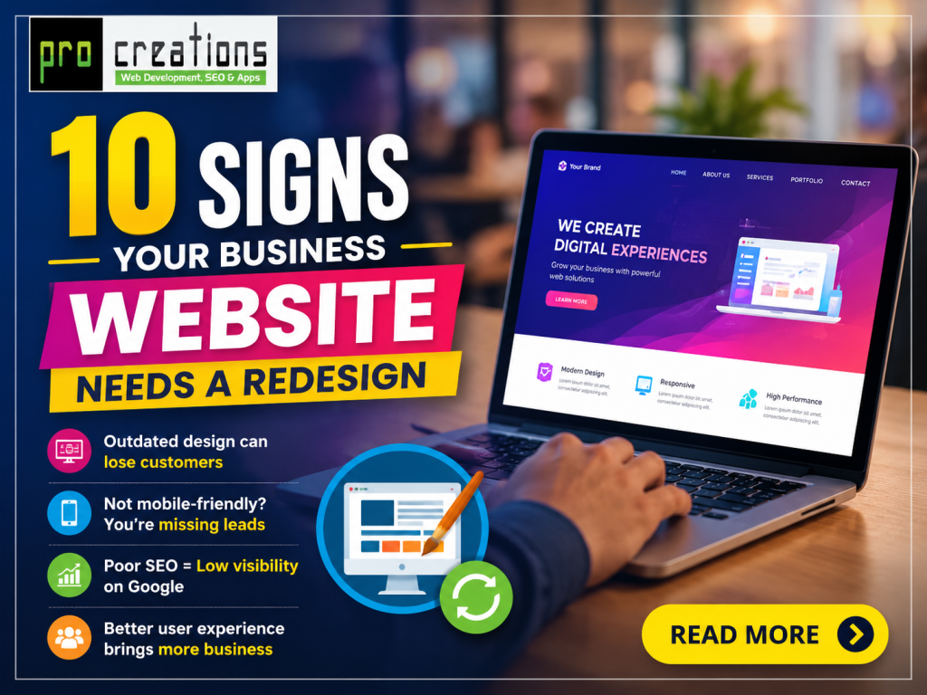 10 Signs Your Business Website Needs a Redesign In today’s digital world, your website is often the first impression customers get about your business. Whether you run a small shop, a startup, or a growing company, your website plays a major role in attracting customers, building trust, and generating leads. Many business owners invest in a website once and forget about it. But just like your office, branding, or marketing strategy, your website also needs regular updates. If your website looks outdated or is not performing well, you may be losing potential customers every day. In this blog, we will explain 10 clear signs your business website needs a redesign, along with practical examples relevant to Indian businesses. This guide is useful for anyone looking for Website Design services, Web Design and Development in Nagpur, or a reliable Digital Marketing Company in Nagpur. 1. Your Website Looks Outdated First impressions matter. If your website looks like it was designed 5–10 years ago, users may not trust your business. Example: A local coaching class in Nagpur still uses a basic HTML website with old fonts and poor images. Students prefer competitors with modern WordPress website Design and clean layouts. Why it matters: Modern users expect: • Clean design • High-quality images • Mobile-friendly layouts If your site doesn’t meet these expectations, it’s time to invest in Custom website design. 2. Your Website Is Not Mobile-Friendly In India, more than 70% of users browse websites on mobile phones. If your site is not responsive, you are losing a huge audience. Signs: • Text is too small • Buttons are hard to click • Pages don’t fit the screen Example: A restaurant website that looks fine on desktop but is difficult to use on mobile will lose customers who want to check the menu quickly. A professional Web Development Company in Nagpur can help create a fully responsive website that works smoothly on all devices. 3. Slow Loading Speed If your website takes more than 3 seconds to load, users will leave. Common reasons: • Heavy images • Poor hosting • Outdated coding Example: An ecommerce store selling clothing may lose customers if product pages take too long to load. Solution: Upgrade your website with optimized design and better performance using Website design services in india. 4. Poor User Experience (UX) If visitors cannot easily find what they are looking for, they will leave your website. Signs of bad UX: • Confusing navigation • Too many pop-ups • No clear call-to-action Example: A consultancy website that hides contact details or services in multiple pages will frustrate users. A Professional website designer focuses on user-friendly layouts and easy navigation. 5. Low Search Engine Ranking If your website is not appearing on Google, it means it is not optimized properly. Reasons: • No SEO strategy • Poor content • Outdated design Example: A local business in Nagpur offering services but not appearing in search results for “best services near me” is losing leads. Using SEO Services in india along with proper website redesign can improve visibility. 6. Your Website Is Not Generating Leads A good website should bring inquiries, calls, or sales. If your website is not converting visitors into customers, it needs improvement. Signs: • No contact form submissions • No calls or messages • High bounce rate Example: A real estate company with a beautiful website but no inquiry forms or CTAs will not generate leads. Adding proper design elements and strategy through a Digital Marketing Company in Nagpur can fix this issue. 7. Difficult to Update Content If updating your website requires technical knowledge, it’s a problem. Example: Many businesses still depend on developers for small changes like updating phone numbers or adding blog posts. Switching to WordPress website Design allows easy updates without coding knowledge. 8. Your Competitors Have Better Websites If your competitors have more attractive, faster, and user-friendly websites, customers will choose them over you. Example: Two clinics in the same area: • One has a modern website with appointment booking • The other has a basic outdated site Patients will naturally trust the modern one. To stay competitive, invest in Affordable website designer services and upgrade your online presence. 9. Your Website Is Not Optimized for SEO & Content Content is very important for ranking and engagement. Signs: • No blog section • Poor quality content • No keywords Example: A business without blogs misses opportunities to rank for search terms like “best services in Nagpur.” Using SEO content writting, Article writing services, and Blog posting Services helps improve traffic and authority. 10. Your Website Is Not Supporting Business Growth As your business grows, your website should also evolve. Signs: • No ecommerce functionality • No booking system • Limited scalability Example: A small shop that wants to sell online but has no Ecommerce website design will lose potential customers. A redesign can help add: • Online store • Payment gateway • Customer dashboards Why Redesigning Your Website Is Important A website redesign is not just about looks. It improves: • User experience • Search engine ranking • Lead generation • Brand trust • Business growth With the right Website Design services, your website becomes a powerful marketing tool. Why Choose Pro Creations for SEO & Web Services? If you are planning to redesign your website, choosing the right partner is very important. Pro Creations is a trusted name in Web Design and Development in Nagpur and digital marketing services. Experience & Expertise Pro Creations started in 2009, which means we have around 17 years of experience in the industry. What We Have Worked On We have successfully developed: • Business websites • Industrial websites • Consultant websites • Educational websites • Ecommerce websites • Directory websites • NGO websites • Agricultural and dairy product websites • Hospital and clinic websites Our Services We provide: • Custom website design • WordPress website Design • Ecommerce website design • SEO Services in india • SEO content writting • Blog posting Services • Article writing services Whether you are looking for an Affordable website designer or a full-service Digital Marketing Company in Nagpur, we have solutions for every business. Contact Details Pro Creations 📍 439/A, Hanuman Nagar, Nagpur, Maharashtra, India – 440009 📞 +91 9021651741 / +91 8007779851 🕒 Mon - Sat: 10am - 7:30p Final Thoughts Your website is one of your most important business assets. If it is outdated, slow, or not generating results, it is time to take action. A modern, responsive, and SEO-optimized website can: • Attract more customers • Improve your brand image • Increase sales and leads If you notice even a few of the signs mentioned above, consider upgrading your website with professional Website design services in india. Investing in the right design and development today can give your business long-term growth and success. Here is a complete SEO package for your blog “10 Signs Your Business Website Needs a Redesign” ✅ SEO-Friendly FAQs (Simple Indian English) 1. What are the signs that my business website needs a redesign? If your website looks outdated, loads slowly, is not mobile-friendly, or is not getting leads, it clearly needs a redesign. A modern website should be fast, easy to use, and optimized for SEO and user experience. 2. I am a beginner. How do I know if my website is performing well? You can check simple things like: • Is your website opening fast? • Is it working properly on mobile? • Are you getting calls or inquiries from it? If the answer is no, then you should consider professional Website Design services. 3. How can I redesign my website properly for better results? To redesign your website: • Hire a Professional website designer • Use WordPress website Design for easy updates • Add SEO-friendly content with SEO content writting • Improve speed and mobile responsiveness A good Web Development Company in Nagpur can handle everything for you. 4. How much time and cost is required for website redesign in India? The time and cost depend on your requirements: • Basic website: 7–10 days • Advanced website: 15–30 days Cost can vary based on design, features, and Custom website design needs. Choosing an Affordable website designer ensures quality within budget. 5. What is one important tip before redesigning a website? Always focus on user experience and SEO. Add clear content, fast loading speed, and mobile-friendly design. Also, regularly update your site with Blog posting Services to improve ranking. 6. Why is Pro Creations the best choice for website redesign? Pro Creations has around 17 years of experience in Web Design and Development in Nagpur. They have worked on business, ecommerce, educational, and healthcare websites. Their expertise in SEO Services in india and digital marketing helps businesses grow faster online.